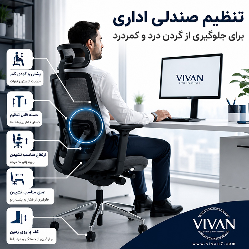 تنظیم صندلی اداری برای جلوگیری از کمردرد و گردن درد